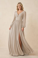 Long Sleeve V - Neck A - Line Chiffon Bridesmaid Dress in Frost - KissProm Bridesmaid Dresses