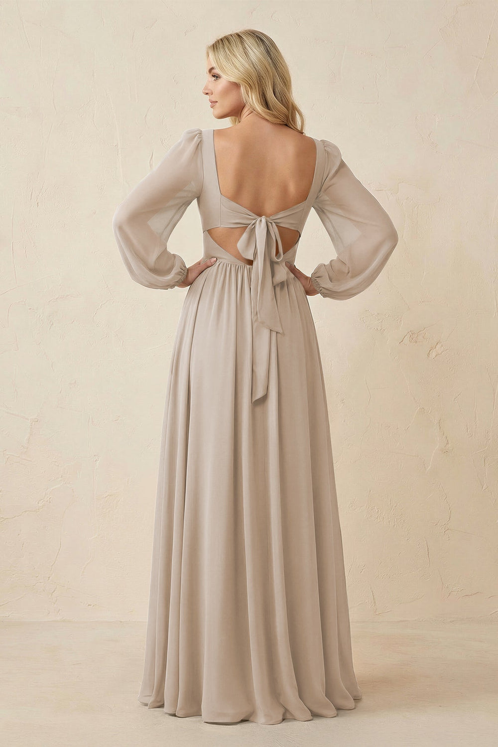 Long Sleeve V - Neck A - Line Chiffon Bridesmaid Dress in Frost - KissProm Bridesmaid Dresses