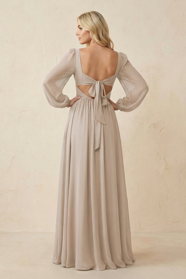 Long Sleeve V - Neck A - Line Chiffon Bridesmaid Dress in Frost - KissProm Bridesmaid Dresses