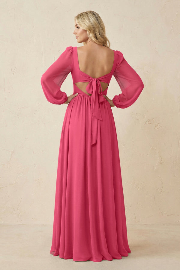 Long Sleeve V - Neck A - Line Chiffon Bridesmaid Dress in Fuchsia - KissProm Bridesmaid Dresses