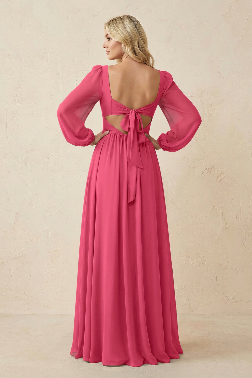 Long Sleeve V - Neck A - Line Chiffon Bridesmaid Dress in Fuchsia - KissProm Bridesmaid Dresses