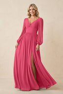 Long Sleeve V - Neck A - Line Chiffon Bridesmaid Dress in Fuchsia - KissProm Bridesmaid Dresses