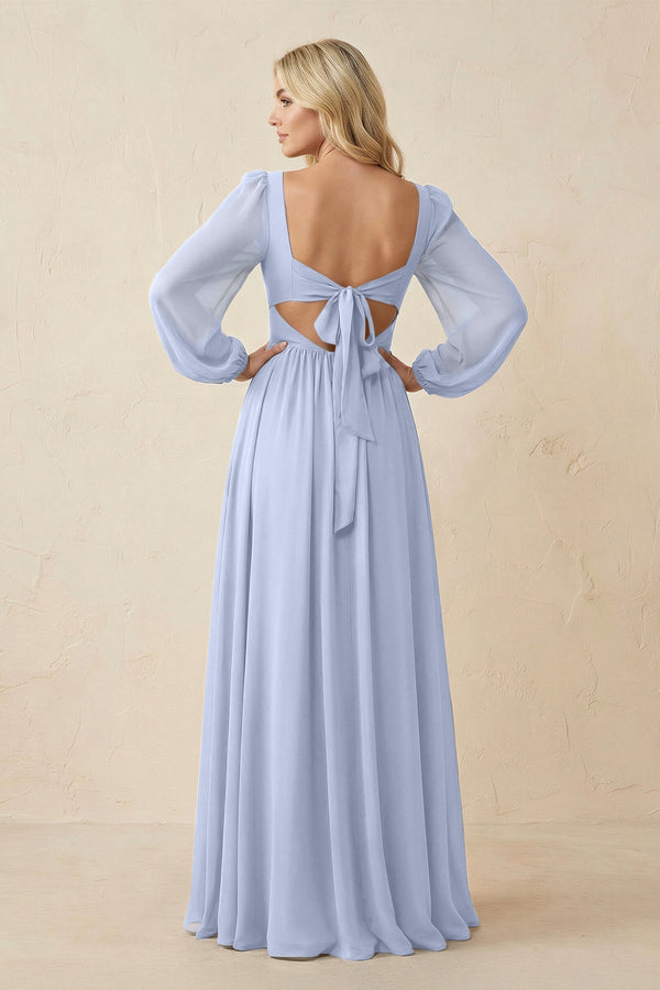 Long Sleeve V - Neck A - Line Chiffon Bridesmaid Dress in Ice - KissProm Bridesmaid Dresses