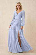 Long Sleeve V - Neck A - Line Chiffon Bridesmaid Dress in Ice - KissProm Bridesmaid Dresses