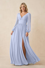 Long Sleeve V - Neck A - Line Chiffon Bridesmaid Dress in Ice - KissProm Bridesmaid Dresses
