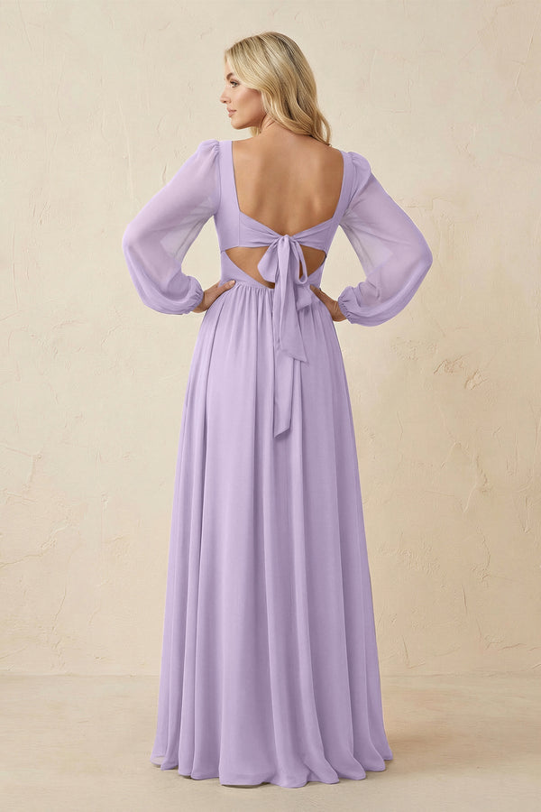 Long Sleeve V - Neck A - Line Chiffon Bridesmaid Dress in Lavender - KissProm Bridesmaid Dresses