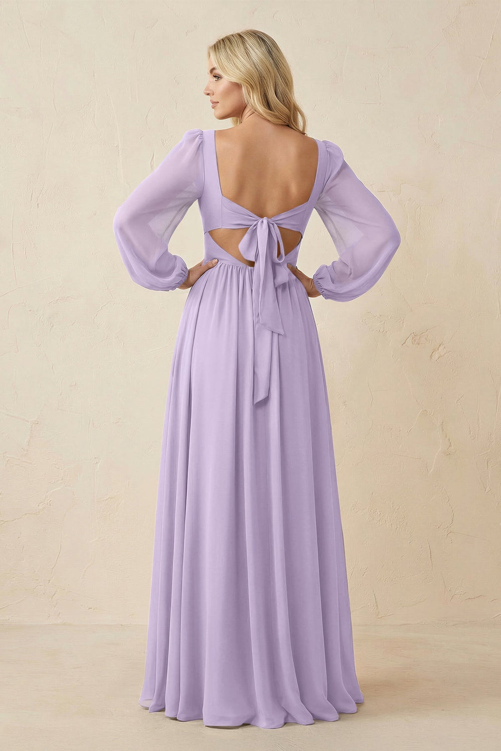 Long Sleeve V - Neck A - Line Chiffon Bridesmaid Dress in Lavender - KissProm Bridesmaid Dresses