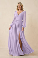 Long Sleeve V - Neck A - Line Chiffon Bridesmaid Dress in Lavender - KissProm Bridesmaid Dresses