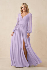 Long Sleeve V - Neck A - Line Chiffon Bridesmaid Dress in Lavender - KissProm Bridesmaid Dresses