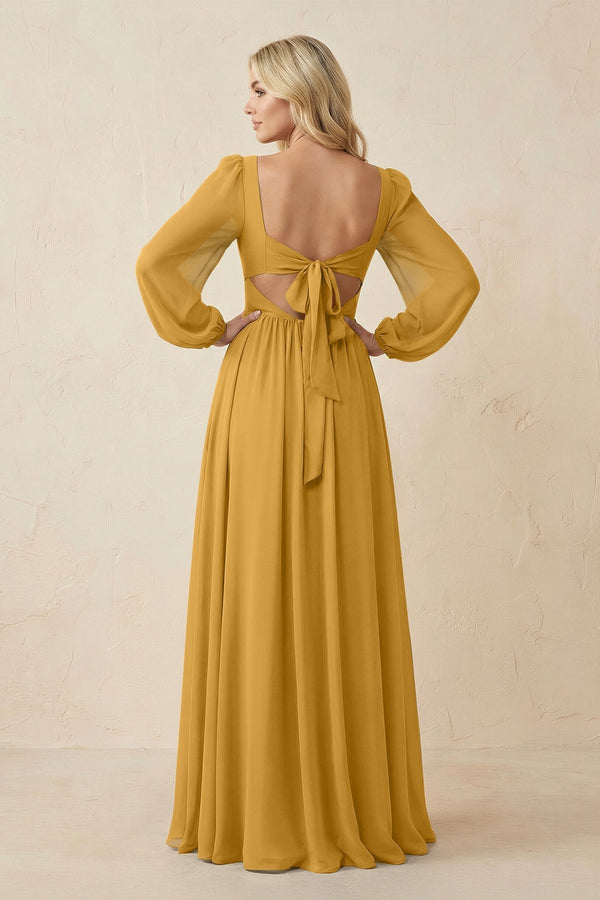 Long Sleeve V - Neck A - Line Chiffon Bridesmaid Dress in Marigold - KissProm Bridesmaid Dresses