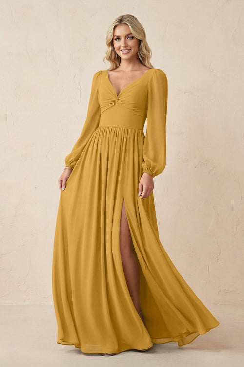 Long Sleeve V - Neck A - Line Chiffon Bridesmaid Dress in Marigold - KissProm Bridesmaid Dresses