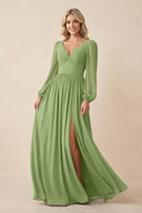 Long Sleeve V - Neck A - Line Chiffon Bridesmaid Dress in Matcha - KissProm Bridesmaid Dresses