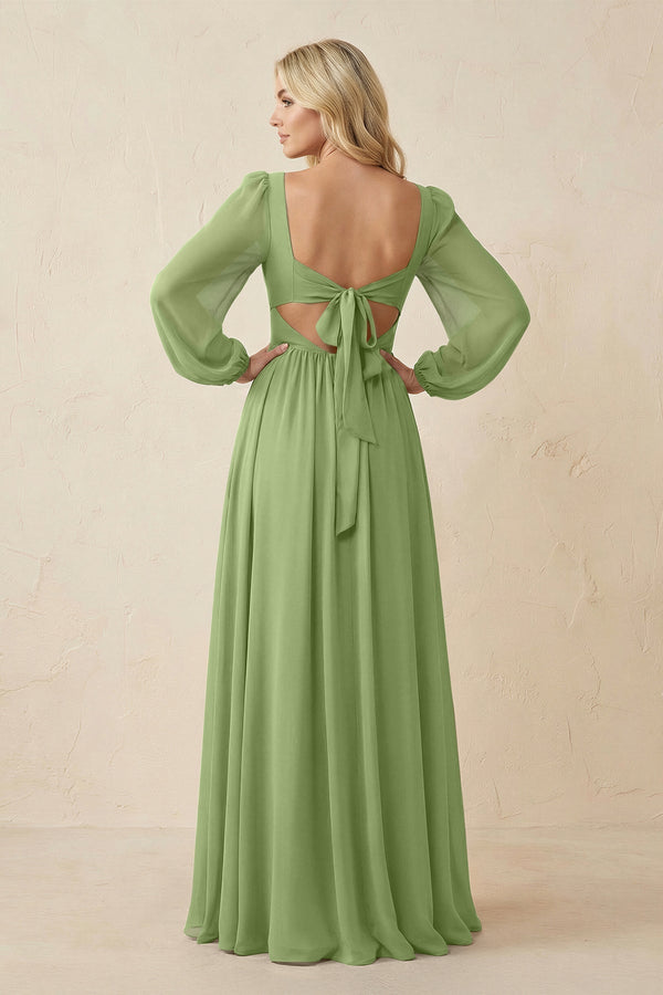 Long Sleeve V - Neck A - Line Chiffon Bridesmaid Dress in Matcha - KissProm Bridesmaid Dresses