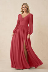 Long Sleeve V - Neck A - Line Chiffon Bridesmaid Dress in Merlot - KissProm Bridesmaid Dresses