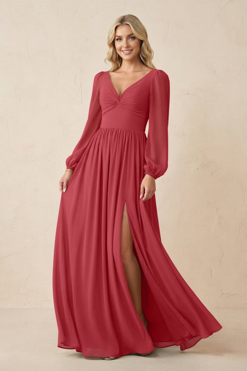 Long Sleeve V - Neck A - Line Chiffon Bridesmaid Dress in Merlot - KissProm Bridesmaid Dresses