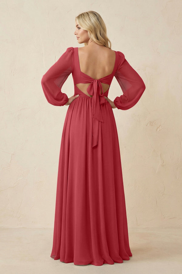 Long Sleeve V - Neck A - Line Chiffon Bridesmaid Dress in Merlot - KissProm Bridesmaid Dresses