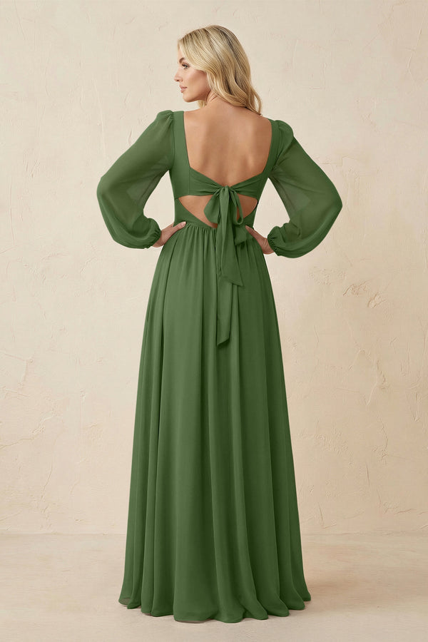 Long Sleeve V - Neck A - Line Chiffon Bridesmaid Dress in Moss - KissProm Bridesmaid Dresses