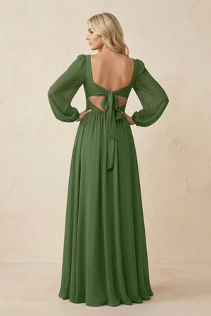 Long Sleeve V - Neck A - Line Chiffon Bridesmaid Dress in Moss - KissProm Bridesmaid Dresses