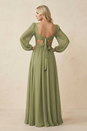 Long Sleeve V - Neck A - Line Chiffon Bridesmaid Dress in Moss Green - KissProm Bridesmaid Dresses