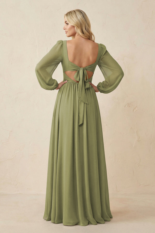 Long Sleeve V - Neck A - Line Chiffon Bridesmaid Dress in Moss Green - KissProm Bridesmaid Dresses