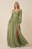 Long Sleeve V - Neck A - Line Chiffon Bridesmaid Dress in Moss Green - KissProm Bridesmaid Dresses