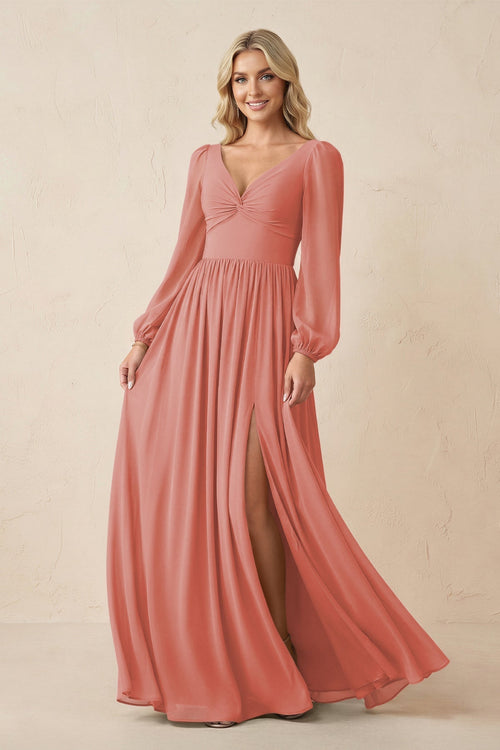 Long Sleeve V - Neck A - Line Chiffon Bridesmaid Dress in Mulberry - KissProm Bridesmaid Dresses