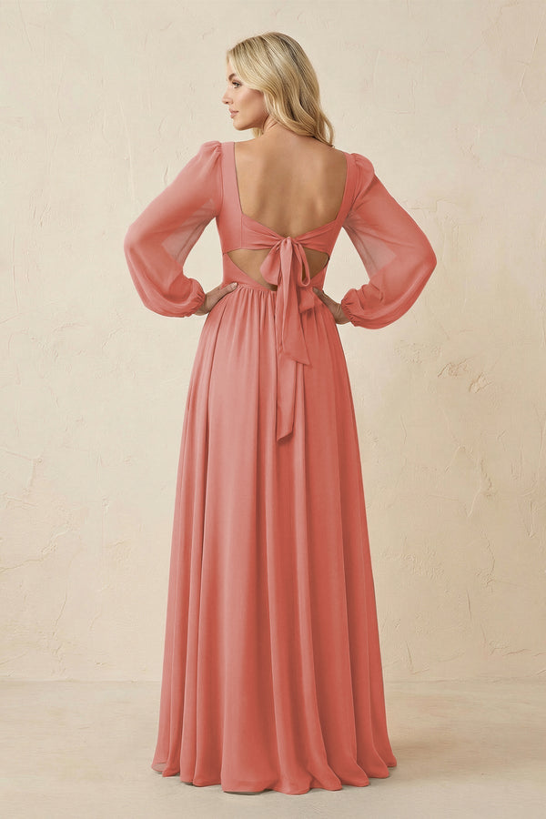 Long Sleeve V - Neck A - Line Chiffon Bridesmaid Dress in Mulberry - KissProm Bridesmaid Dresses