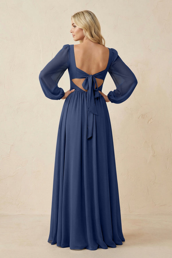 Long Sleeve V - Neck A - Line Chiffon Bridesmaid Dress in Navy - KissProm Bridesmaid Dresses