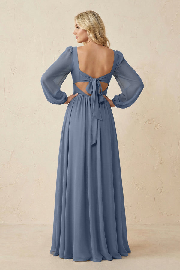 Long Sleeve V - Neck A - Line Chiffon Bridesmaid Dress in Neptune - KissProm Bridesmaid Dresses