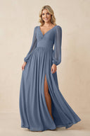 Long Sleeve V - Neck A - Line Chiffon Bridesmaid Dress in Neptune - KissProm Bridesmaid Dresses