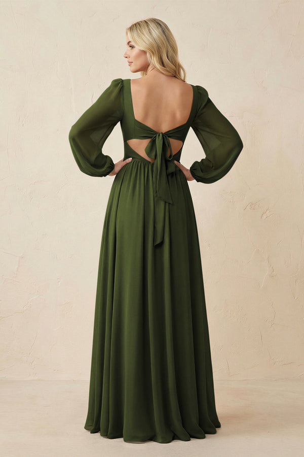 Long Sleeve V - Neck A - Line Chiffon Bridesmaid Dress in Olive - KissProm Bridesmaid Dresses