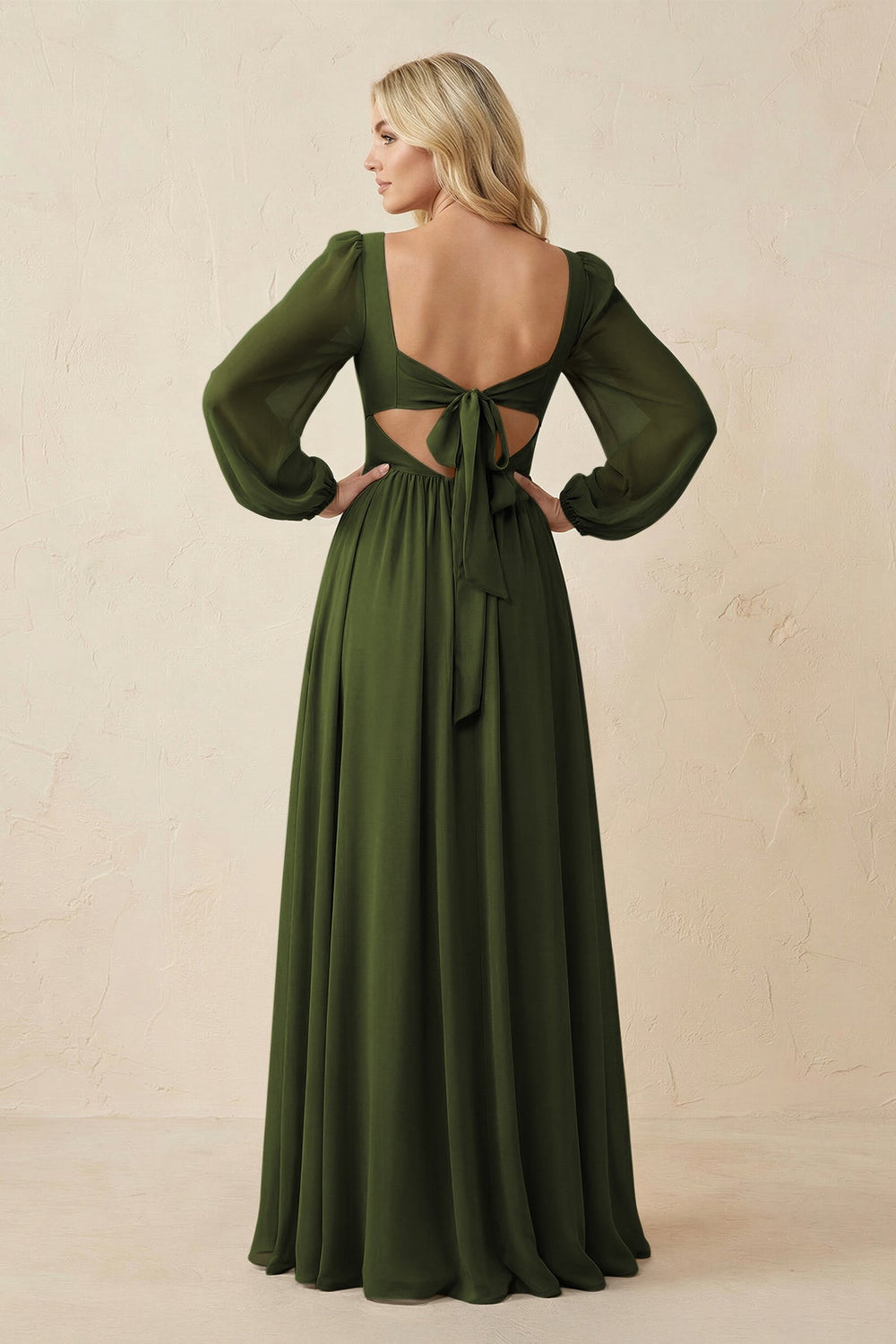 Long Sleeve V - Neck A - Line Chiffon Bridesmaid Dress in Olive - KissProm Bridesmaid Dresses