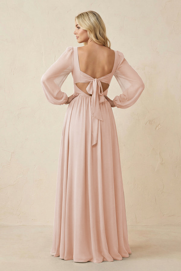 Long Sleeve V - Neck A - Line Chiffon Bridesmaid Dress in Pale Blush - KissProm Bridesmaid Dresses