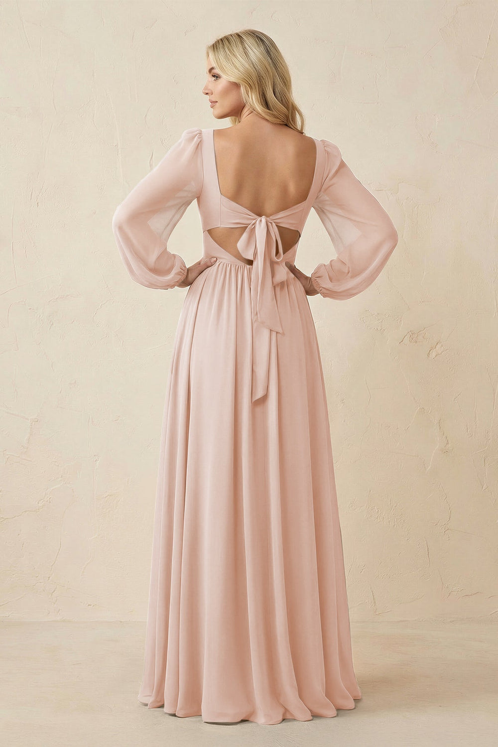 Long Sleeve V - Neck A - Line Chiffon Bridesmaid Dress in Pale Blush - KissProm Bridesmaid Dresses