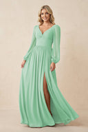 Long Sleeve V - Neck A - Line Chiffon Bridesmaid Dress in Pale Pistachio - KissProm Bridesmaid Dresses