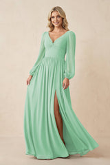 Long Sleeve V - Neck A - Line Chiffon Bridesmaid Dress in Pale Pistachio - KissProm Bridesmaid Dresses