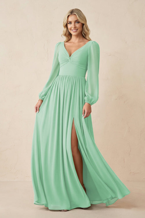 Long Sleeve V - Neck A - Line Chiffon Bridesmaid Dress in Pale Pistachio - KissProm Bridesmaid Dresses