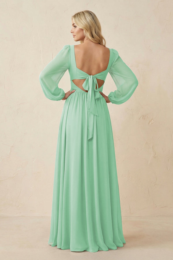Long Sleeve V - Neck A - Line Chiffon Bridesmaid Dress in Pale Pistachio - KissProm Bridesmaid Dresses