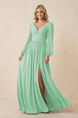 Long Sleeve V - Neck A - Line Chiffon Bridesmaid Dress in Pale Pistachio - KissProm Bridesmaid Dresses