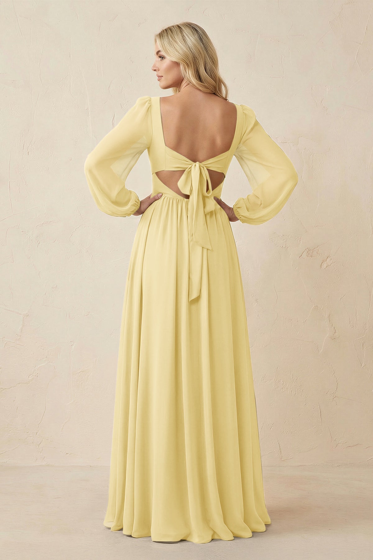 KissProm Long Sleeve V-Neck A-Line Chiffon Bridesmaid Dress in Pastel Yellow, Pastel Yellow / 0