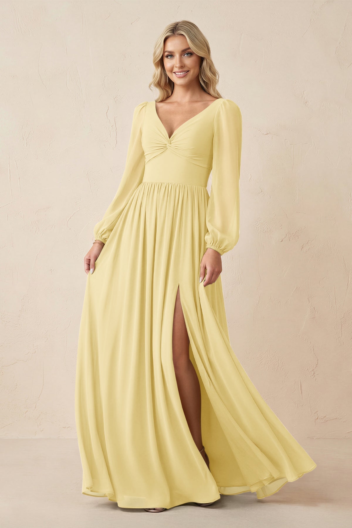 KissProm Long Sleeve V-Neck A-Line Chiffon Bridesmaid Dress in Pastel Yellow, Pastel Yellow / 0