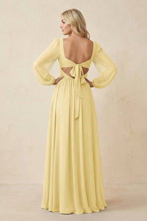 Long Sleeve V - Neck A - Line Chiffon Bridesmaid Dress in Pastel Yellow - KissProm Bridesmaid Dresses