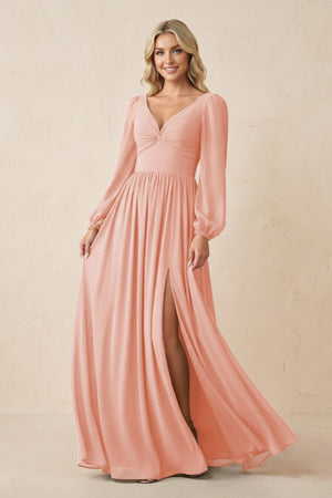 Long Sleeve V - Neck A - Line Chiffon Bridesmaid Dress in Rose Petal - KissProm Bridesmaid Dresses