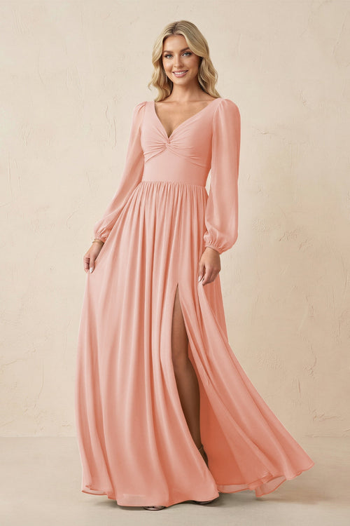 Long Sleeve V - Neck A - Line Chiffon Bridesmaid Dress in Rose Petal - KissProm Bridesmaid Dresses
