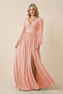 Long Sleeve V - Neck A - Line Chiffon Bridesmaid Dress in Rose Petal - KissProm Bridesmaid Dresses