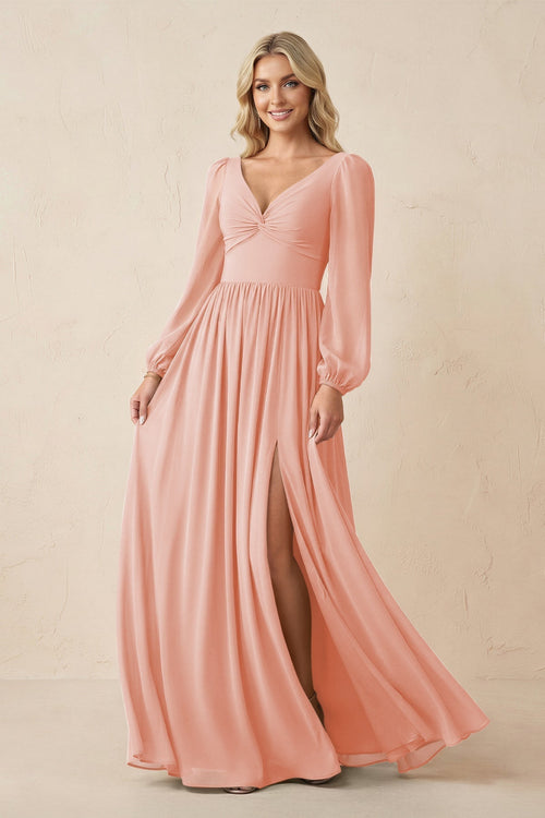 Long Sleeve V - Neck A - Line Chiffon Bridesmaid Dress in Rose Petal - KissProm Bridesmaid Dresses