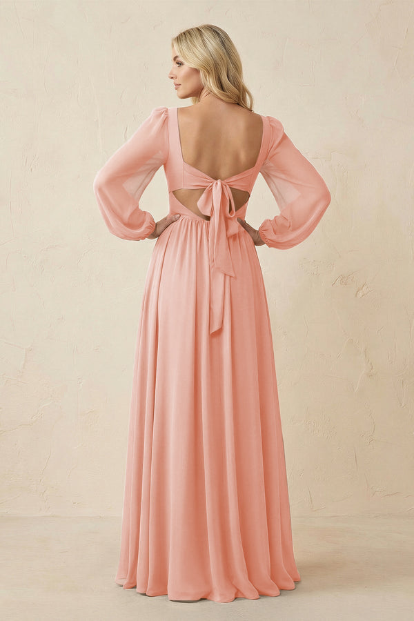 Long Sleeve V - Neck A - Line Chiffon Bridesmaid Dress in Rose Petal - KissProm Bridesmaid Dresses
