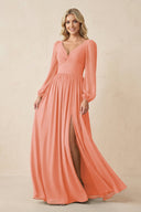 Long Sleeve V - Neck A - Line Chiffon Bridesmaid Dress in Rosette - KissProm Bridesmaid Dresses