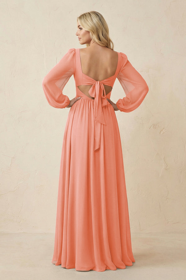 Long Sleeve V - Neck A - Line Chiffon Bridesmaid Dress in Rosette - KissProm Bridesmaid Dresses