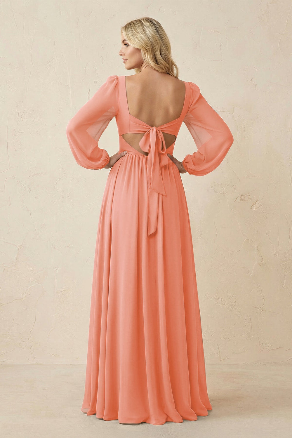 Long Sleeve V - Neck A - Line Chiffon Bridesmaid Dress in Rosette - KissProm Bridesmaid Dresses
